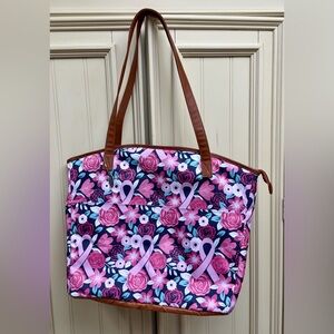Fit & Fresh Pink Floral Breast Cancer Tote Bag with Brown Straps - 15”x18”